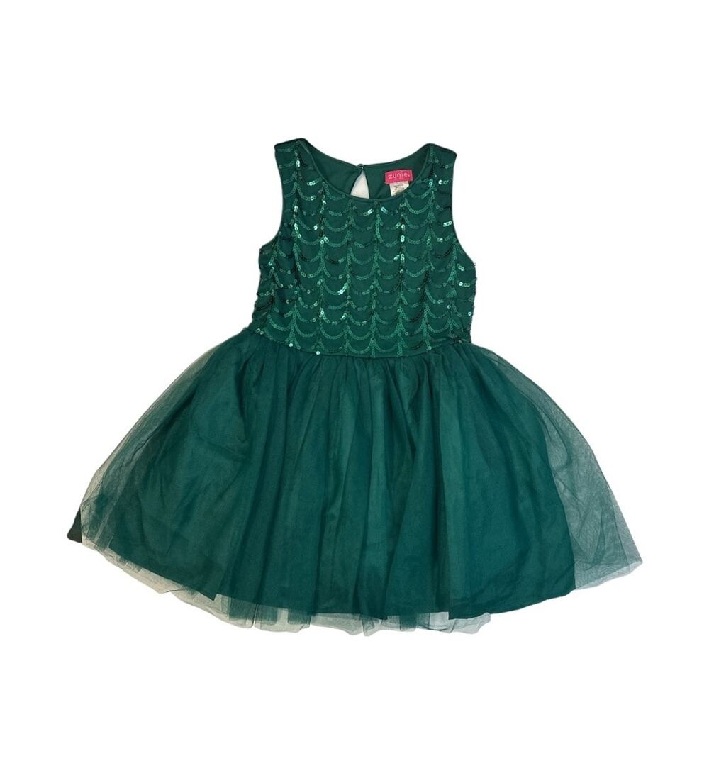Zunie Girl's Fit & Flare Mesh Skirting Holiday Green Sequins Dress Size XS (4-5)